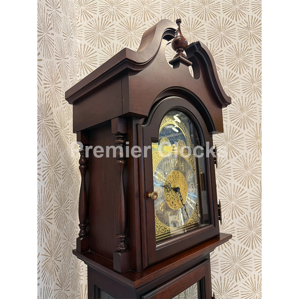 Hermle Alexandria Grandmother Clock in Cherry real photo of the split pediment - Premier Clocks