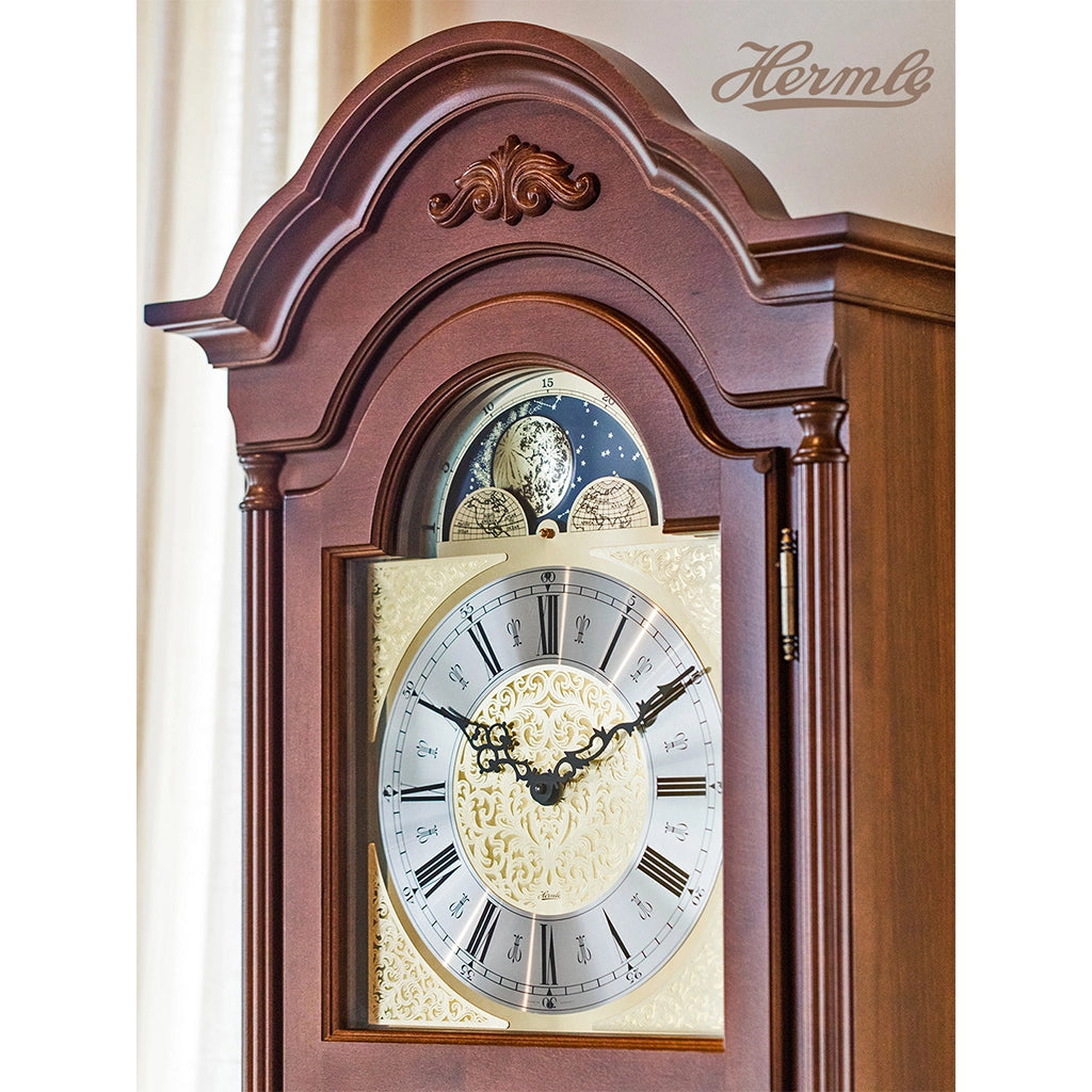 Hermle Atherton Grandfather Clock in Walnut bonnet top and dial - Premier Clocks