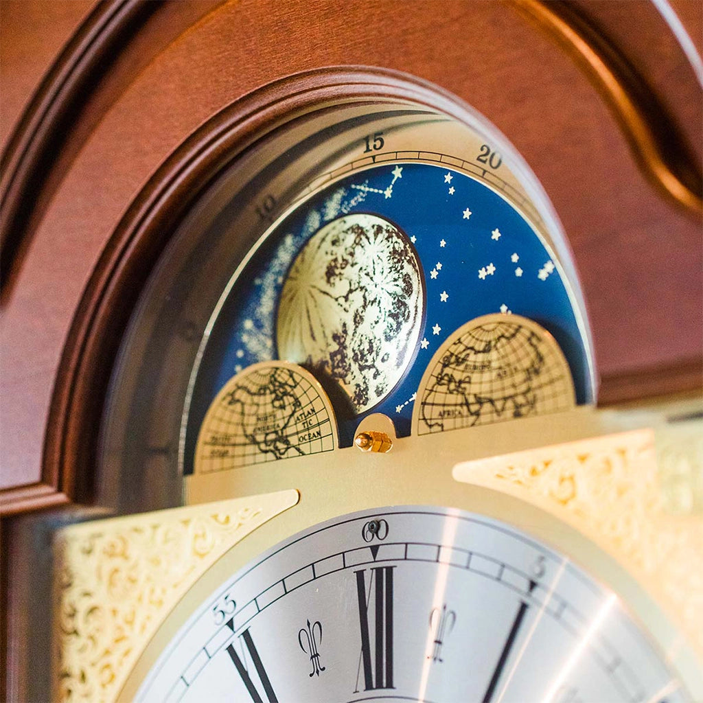 Hermle Atherton Grandfather Clock with Triple Chimes in Walnut moon phase dial - Premier Clocks