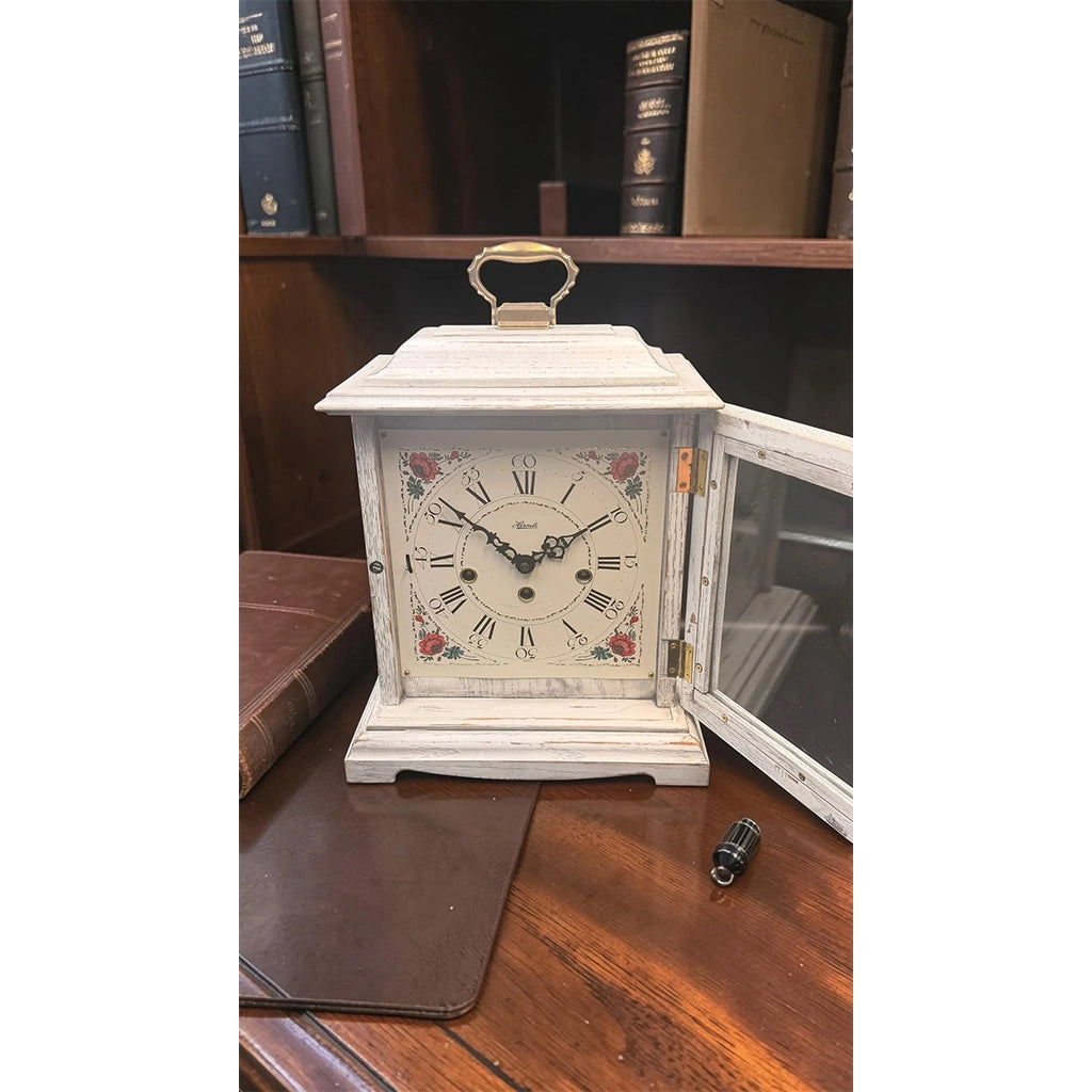 Hermle Austen Mechanical Mantel Clock in White real photo with an open door showing dial - Premier Clocks
