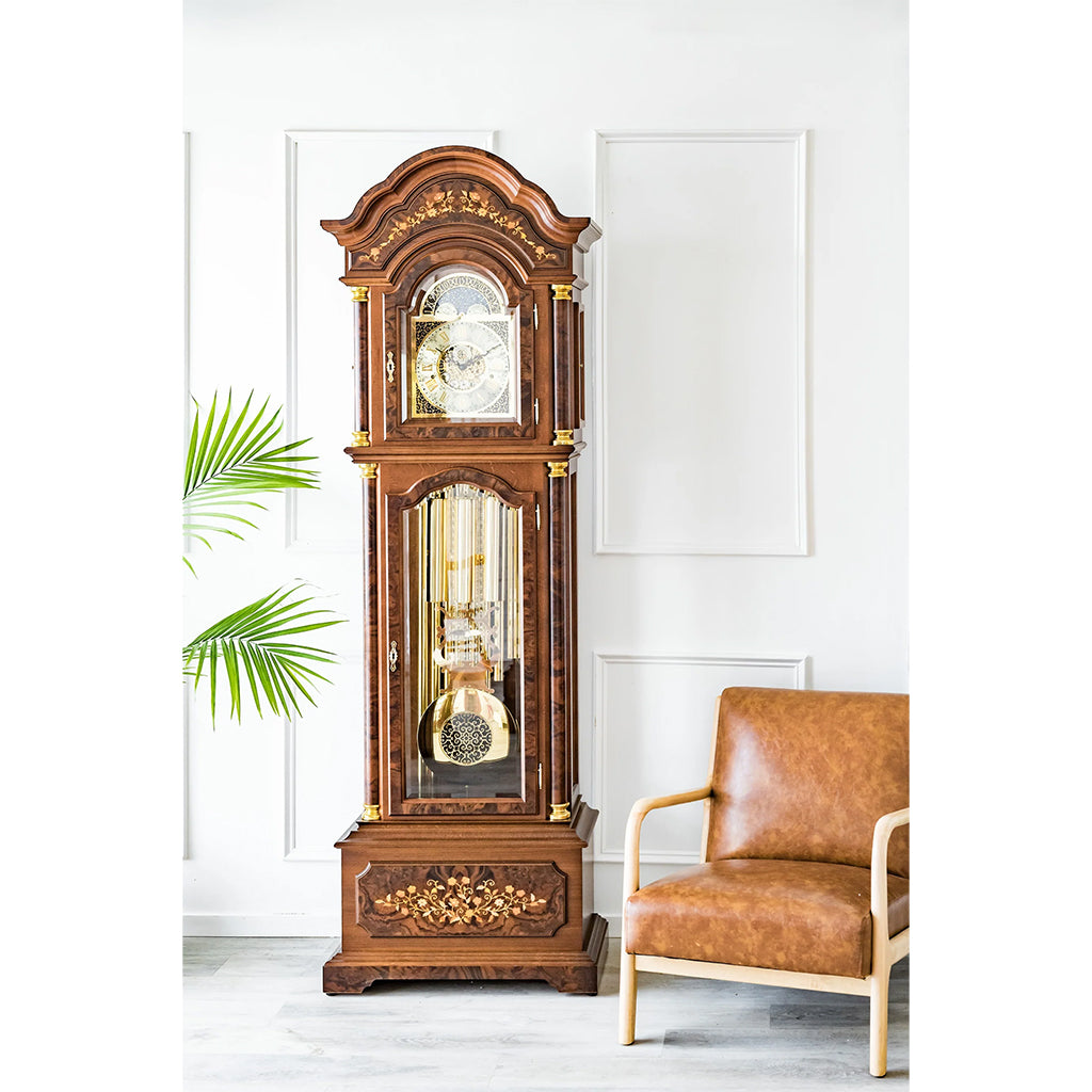 Hermle Berlin Tubular Chime Grandfather Clock in Walnut in a living room - Premier Clocks