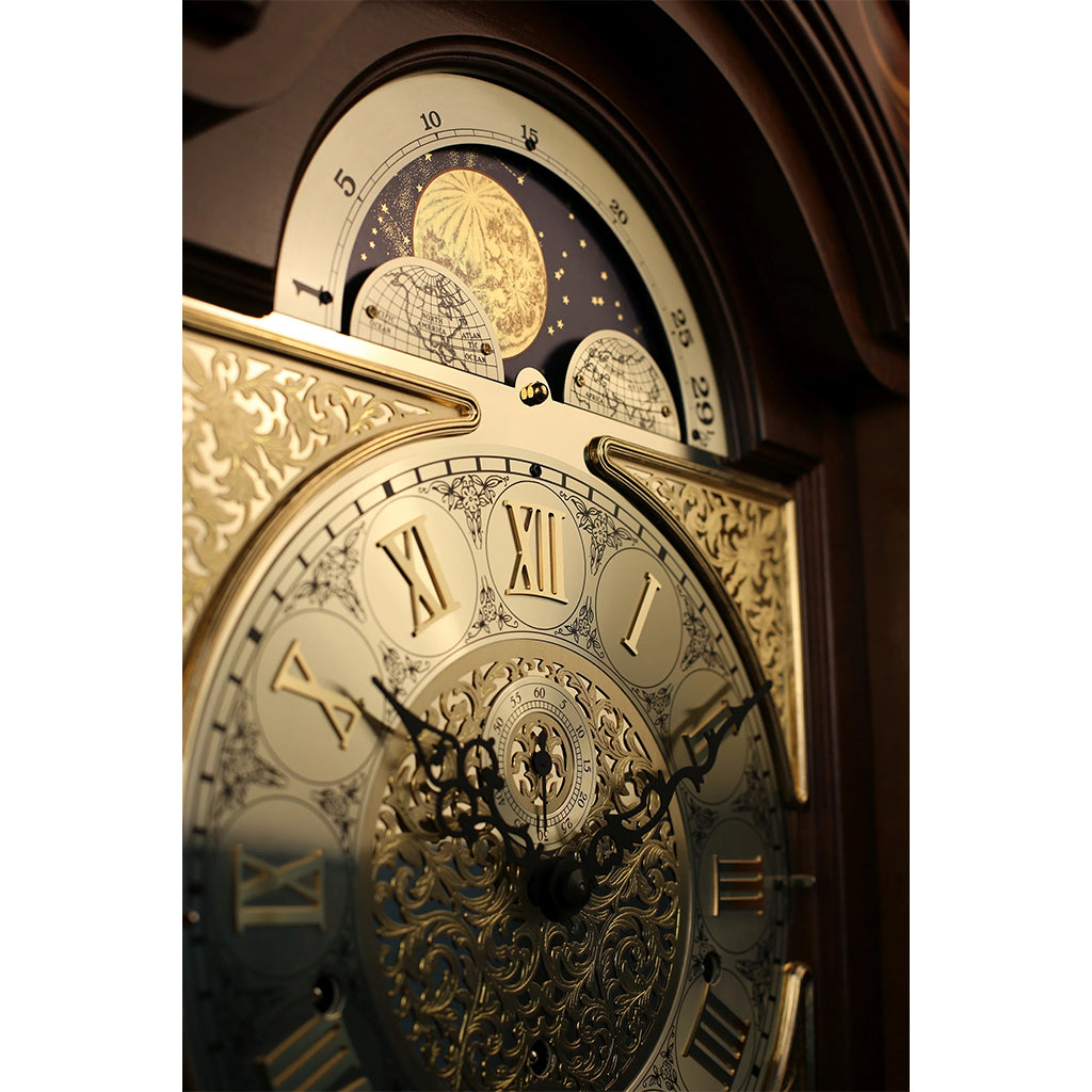 Hermle Biltmore Grandfather Clock in Walnut dial and moon phase - Premier Clocks