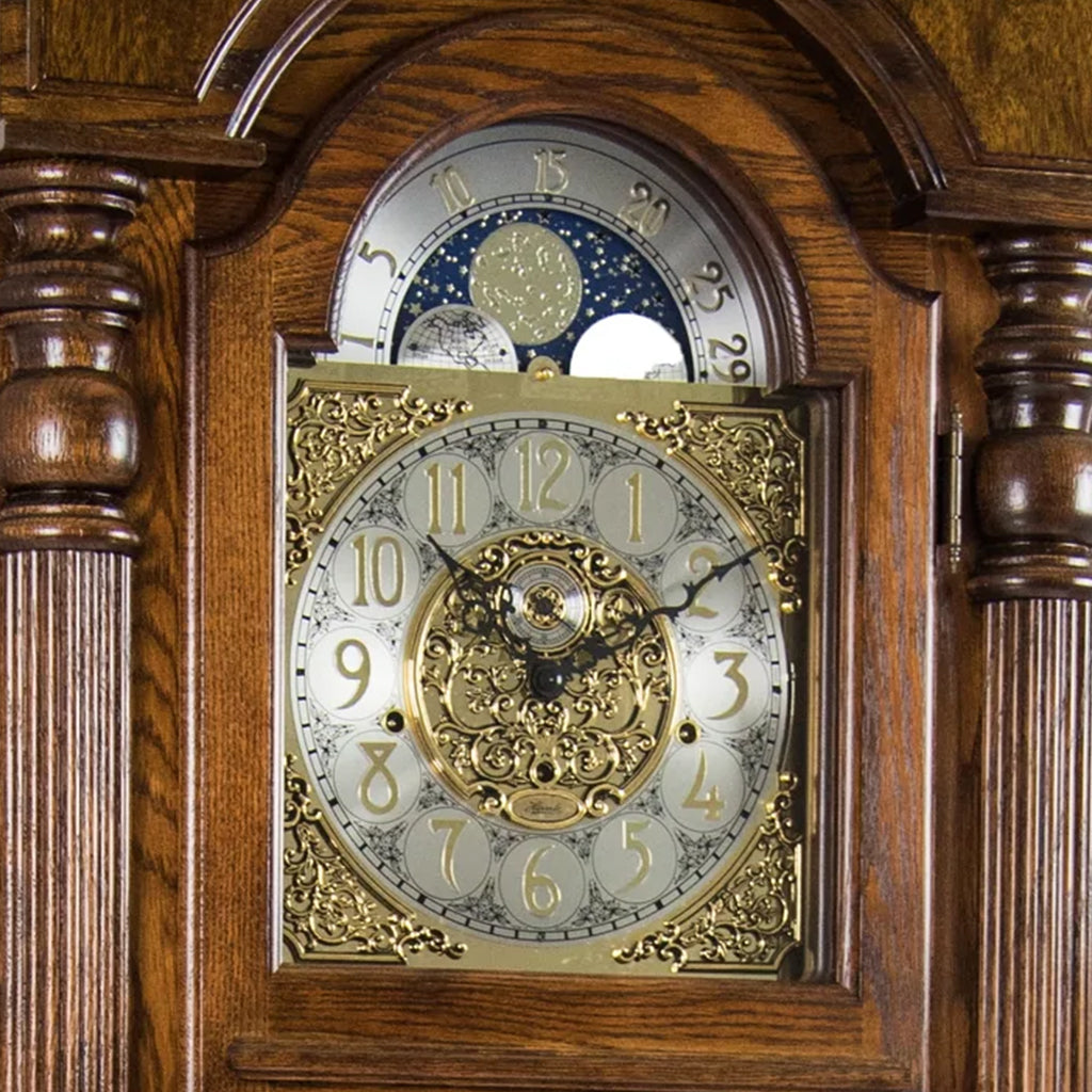 Hermle Blakely Grandfather Clock in Dark Oak dial with moon phase - Premier Clocks