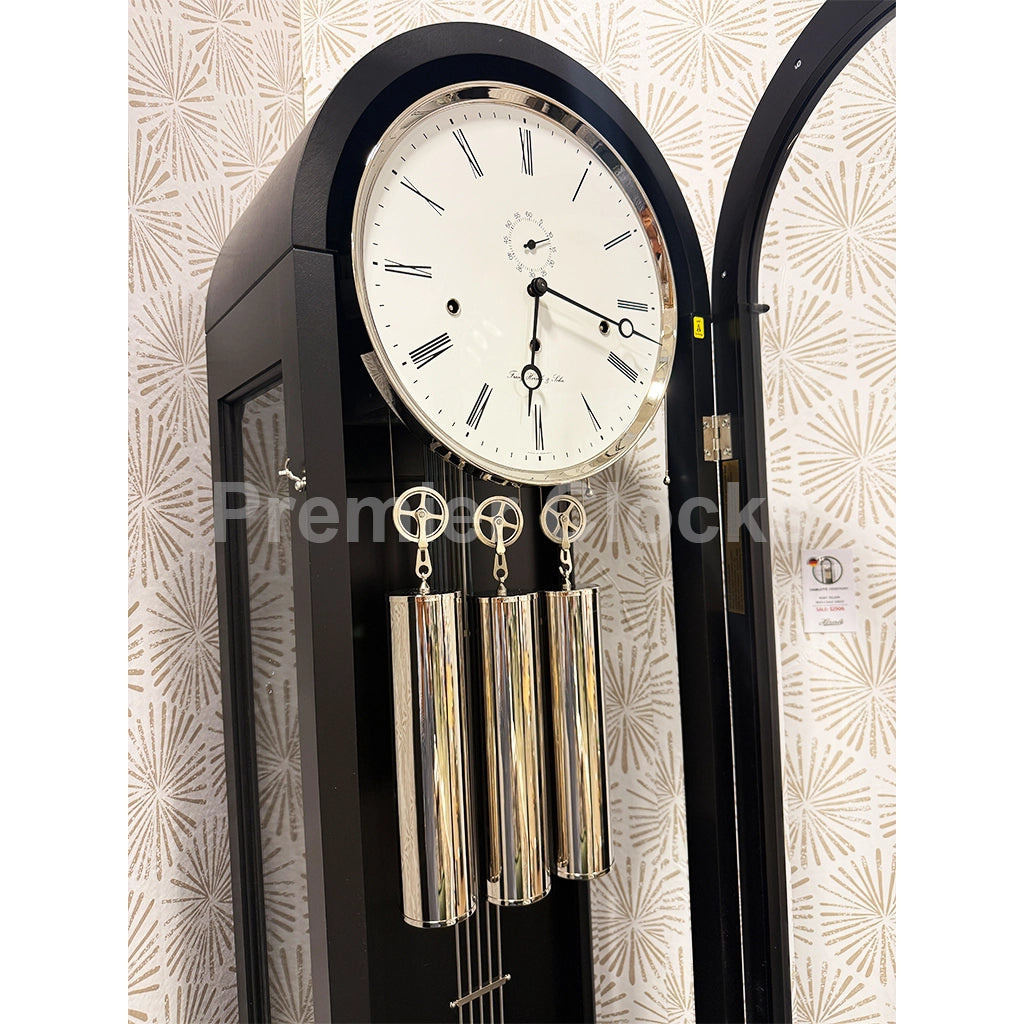 Hermle Charlotte Grandfather Clock in Black/Nickel real photo with an open door - Premier Clocks