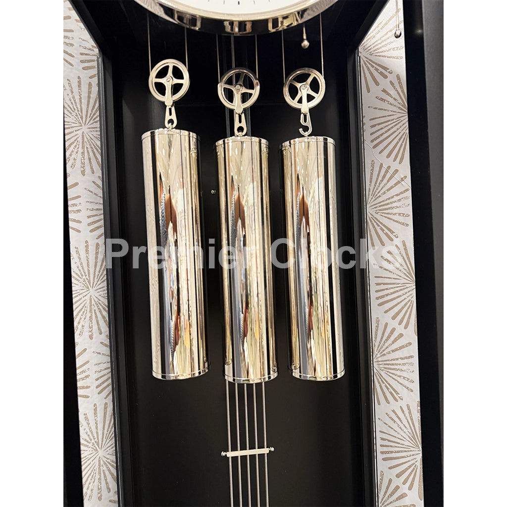 Hermle Charlotte Grandfather Clock in Black/Nickel real photo of the weights - Premier Clocks