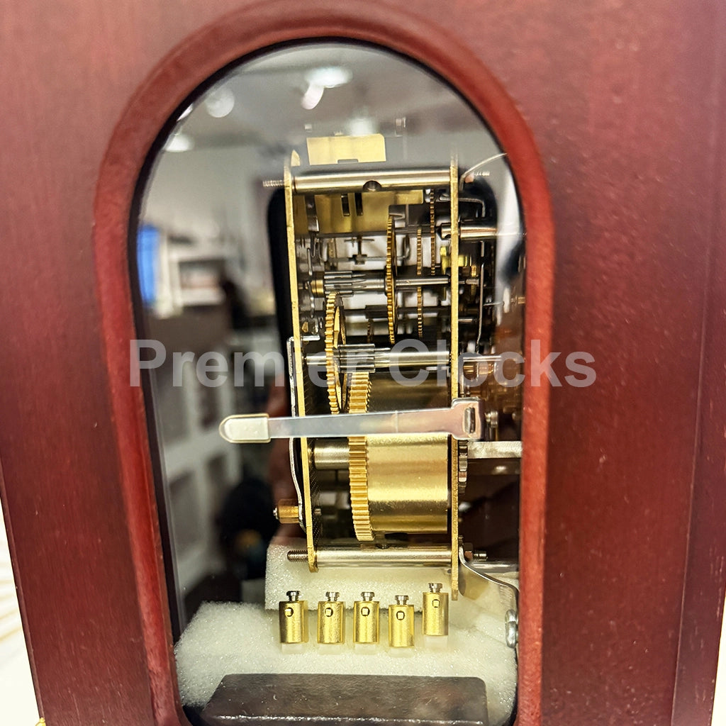 Hermle Debden Mantel Clock in Mahogany real photo of the movement - Premier Clocks