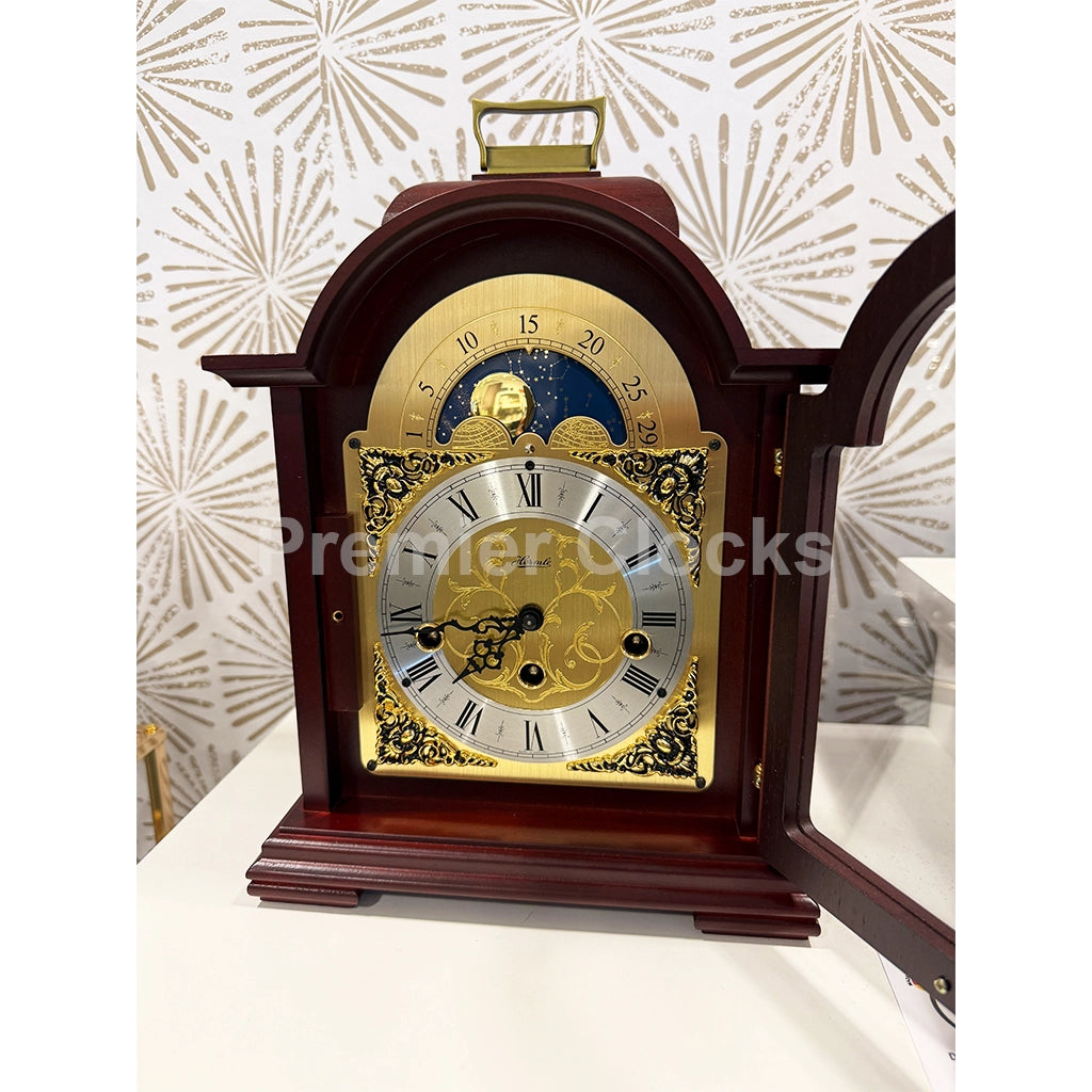 Hermle Debden Mantel Clock in Mahogany real photo with an open door showing details of the dial - Premier Clocks