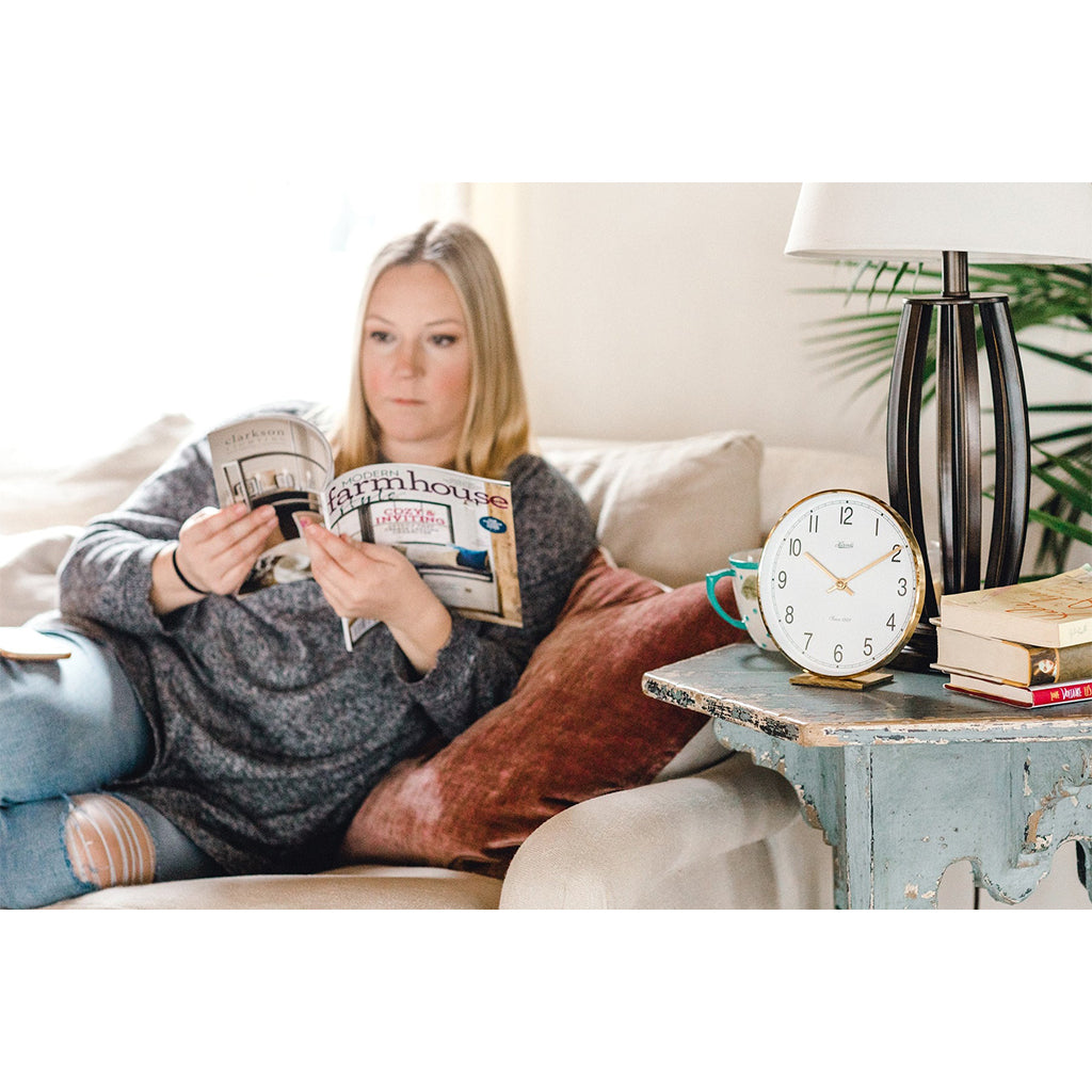 Hermle Fremont Mantel Clock in Brass in the living room - Premier Clocks