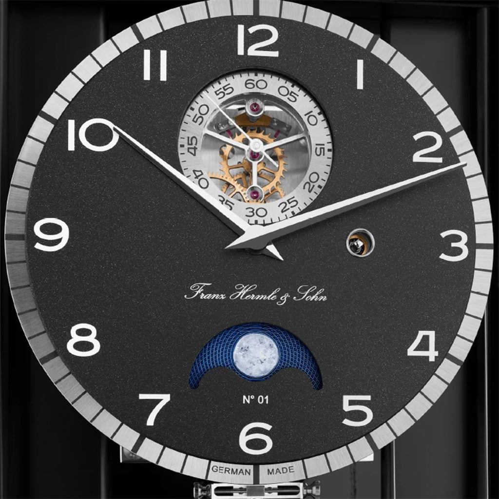 Hermle Masterpiece Wall Clock in Black (Limited Edition) dial details and moon phase - Premier Clocks