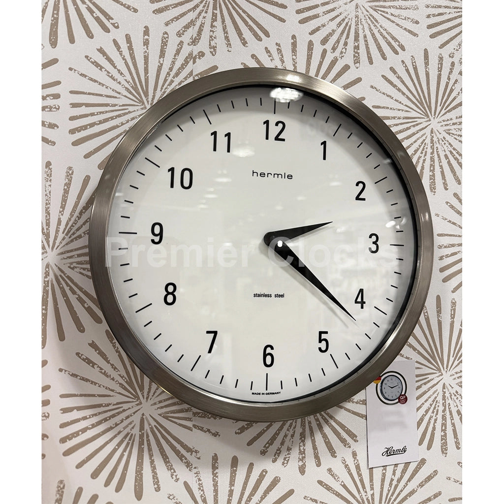 Hermle Metropolitan Wall Clock in Stainless Steel real photo of the front - Premier Clocks