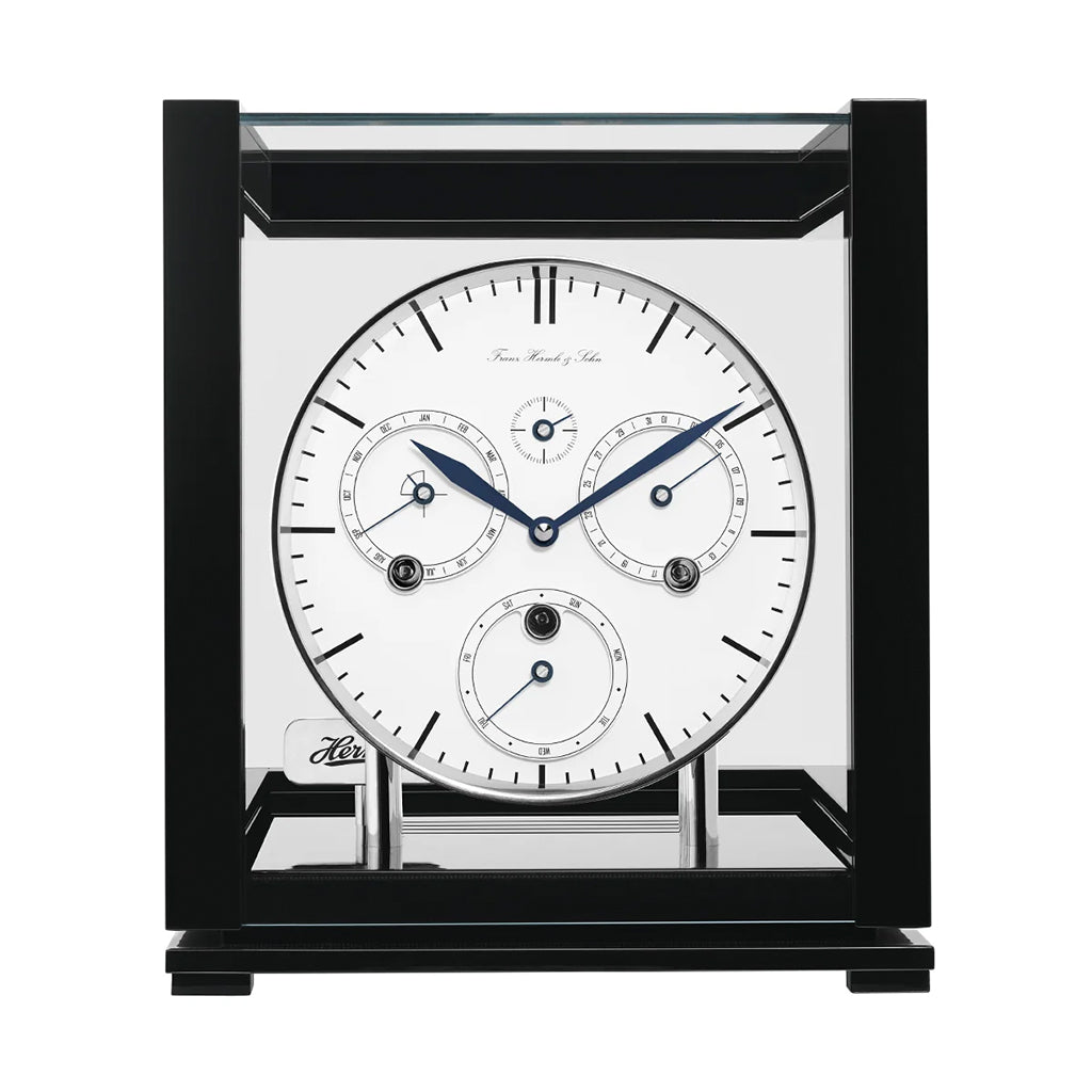 Hermle Perpetual Calendar Mantel Clock in Black with White Dial front - Premier Clocks