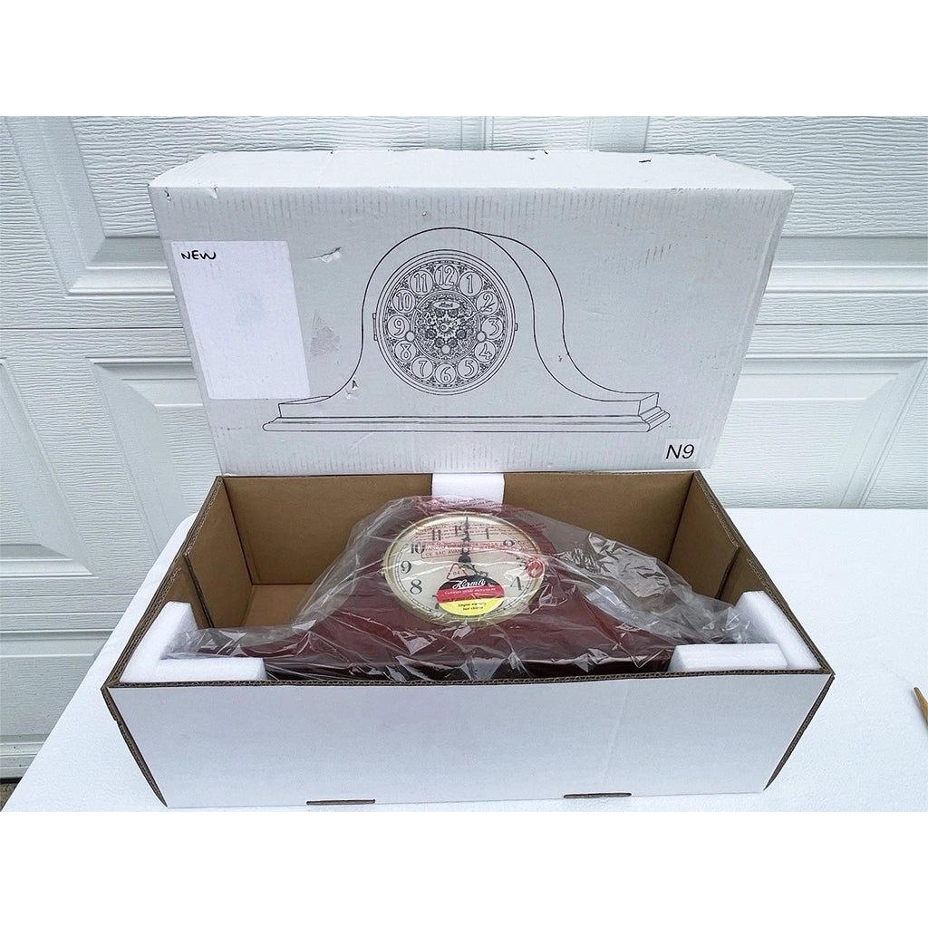 Hermle Sweet Briar Quartz Mantel Clock in Cherry real photo of the clock packed in a box - Premier Clocks