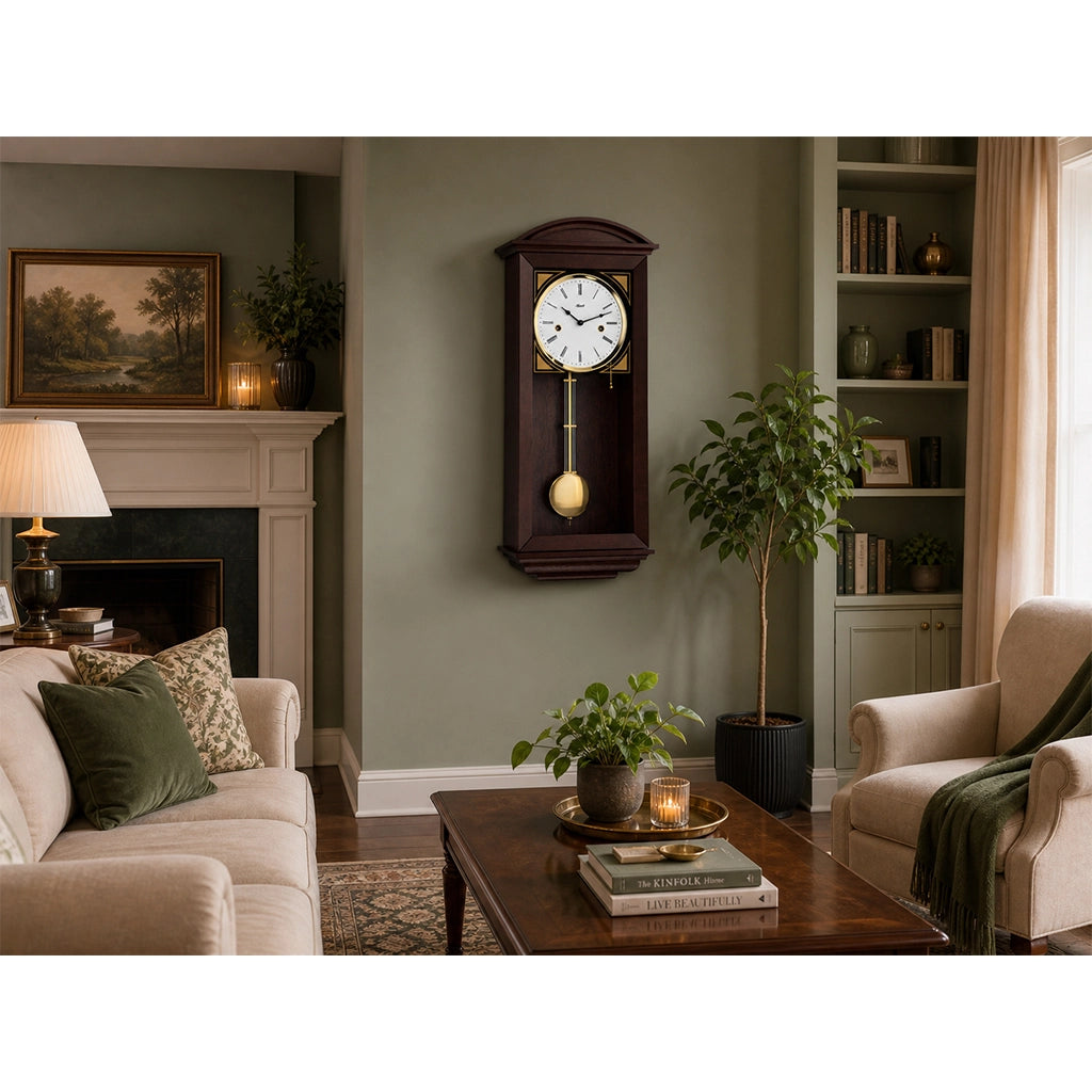 Hermle Taylor Wall Clock with Westminster Chimes in Walnut in interior design - Premier Clocks