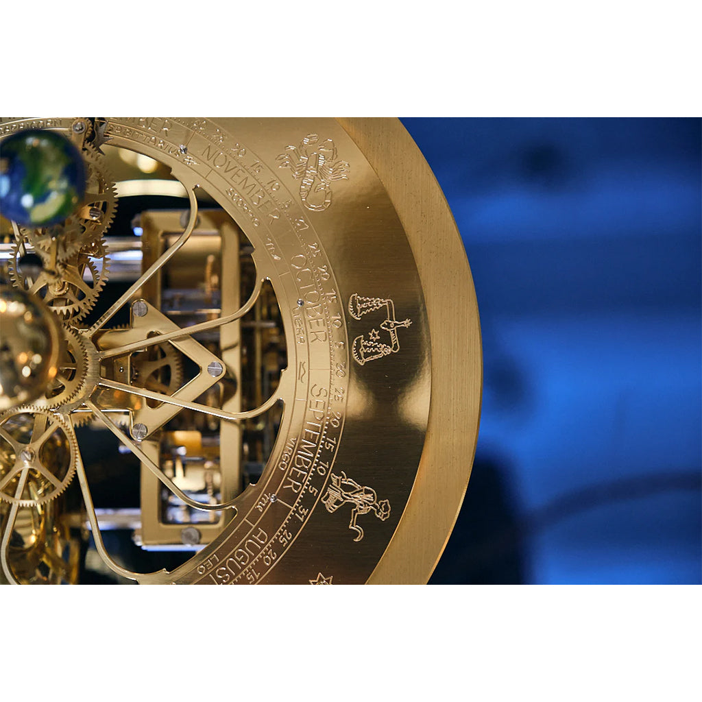 Hermle Tellurium Mantel Clock in Brass astrodial details - Premier Clocks