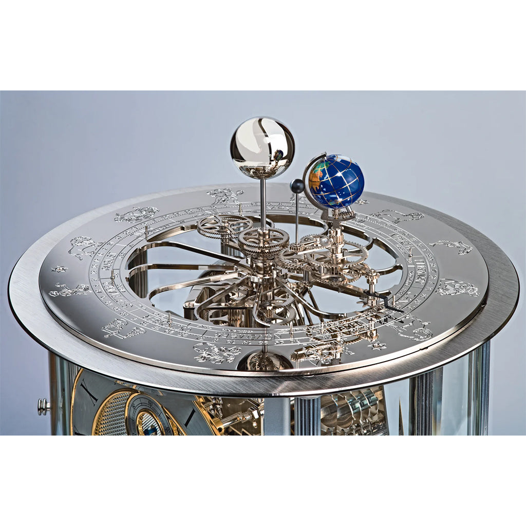 Hermle Tellurium Mantel Clock in Nickel details of solar system - Premier Clocks