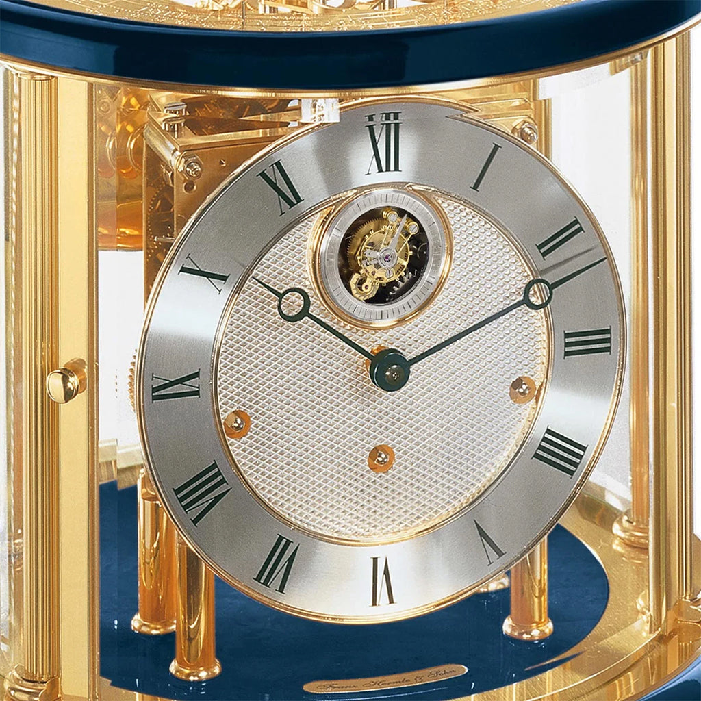 Hermle Tellurium Tourbillon Mantel Clock in Blue/Brass dial details - Premier Clocks