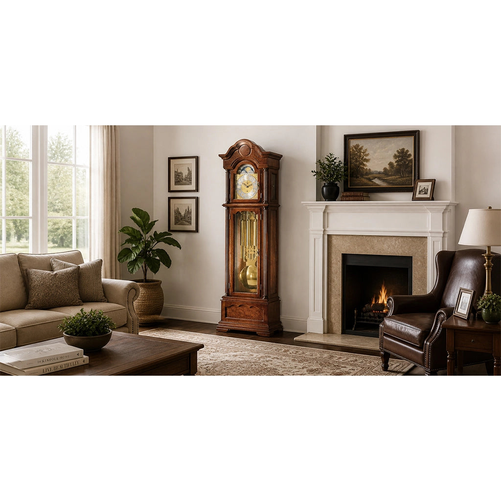Hermle Temple Grandfather Clock in Walnut in interior design - Premier Clocks