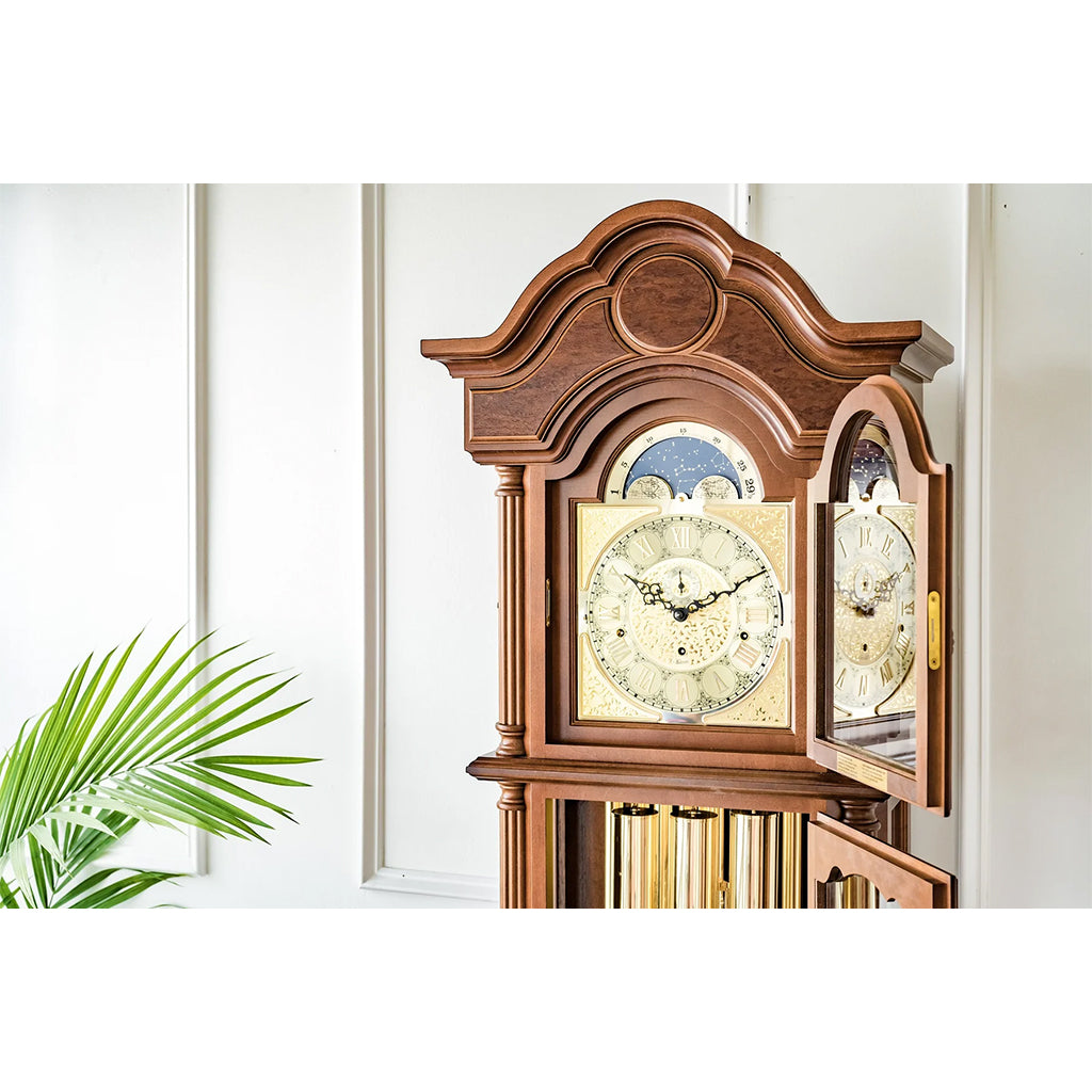 Hermle Temple Tubular Chime Grandfather Clock in Walnut bonnet top - Premier Clocks