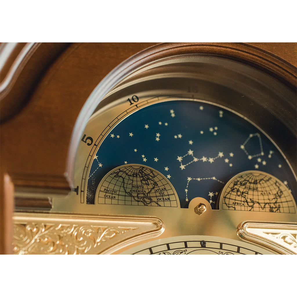 Hermle Temple Tubular Chime Grandfather Clock in Walnut moon dial - Premier Clocks