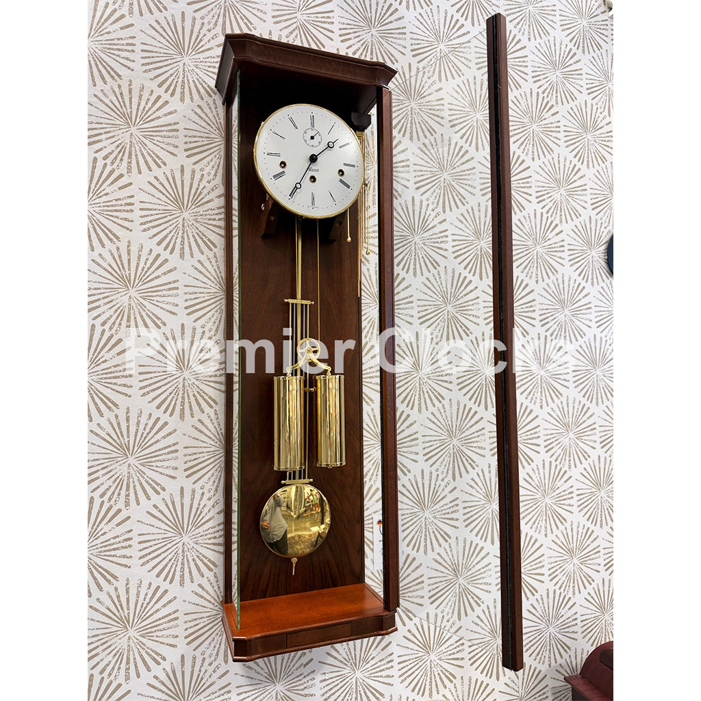 Hermle William Wall Clock in Walnut real photo of the front with an open door - Premier Clocks