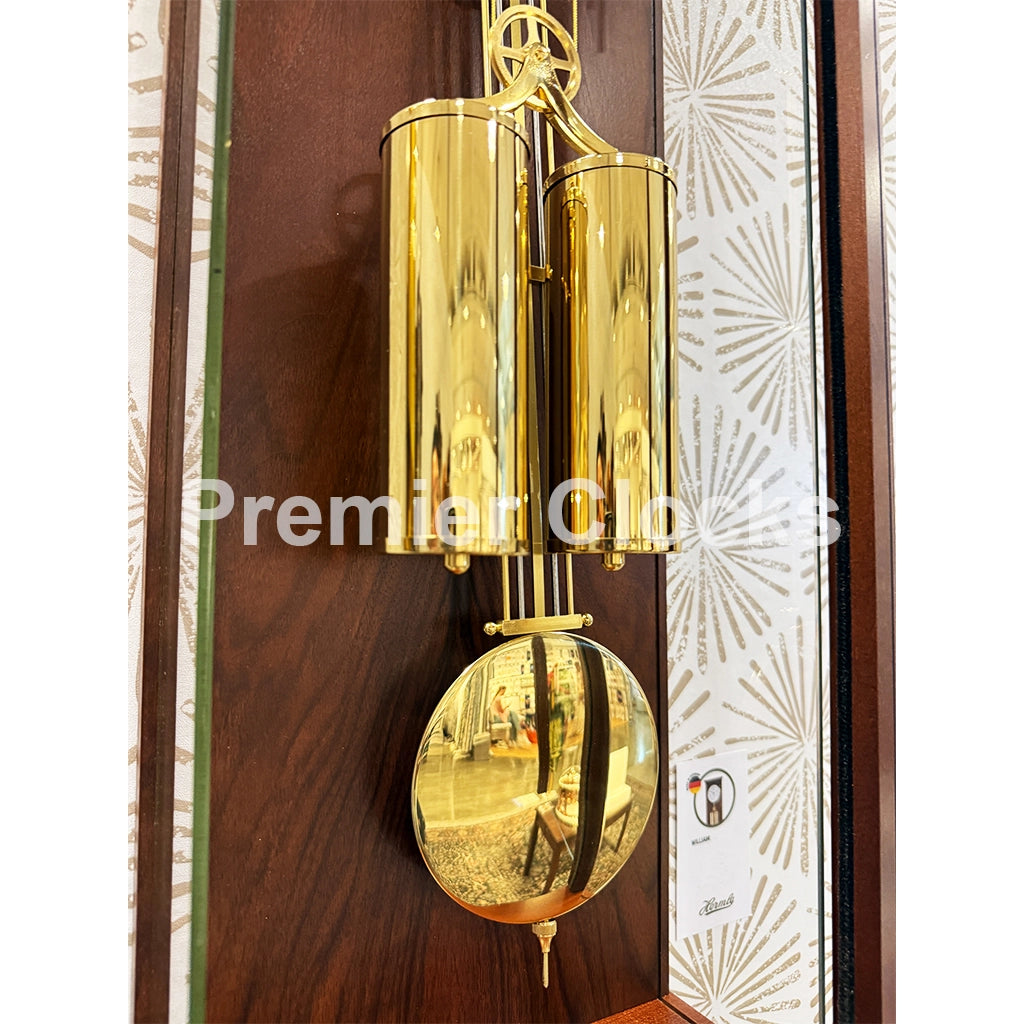 Hermle William Wall Clock in Walnut real photo of the weights and pendulum - Premier Clocks