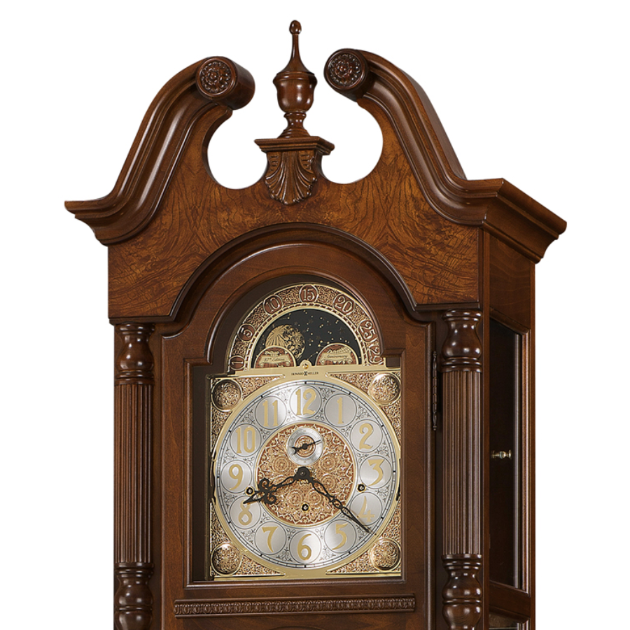 Howard Miller Baldwin Grandfather Clock 611200 split pediment, dial and moon phase - Premier Clocks