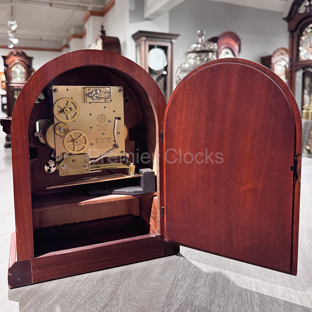 Howard Miller Barrister Mantel Clock 613180 real photo of the back with an open door showing mechanical movement with chimes - Premier Clocks