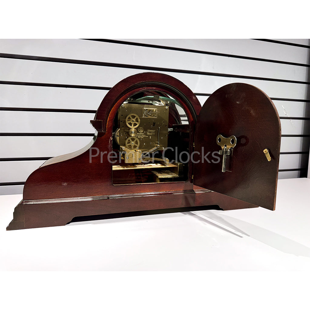 Howard Miller Bradley Mantel Clock 630260 real photo of the back showing mechanical movement and key - Premier Clocks
