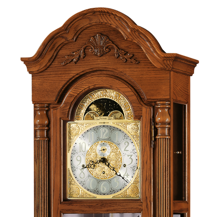 Howard Miller Gavin Grandfather Clock 610985 arched bonnet, dial and moon phase - Premier Clocks