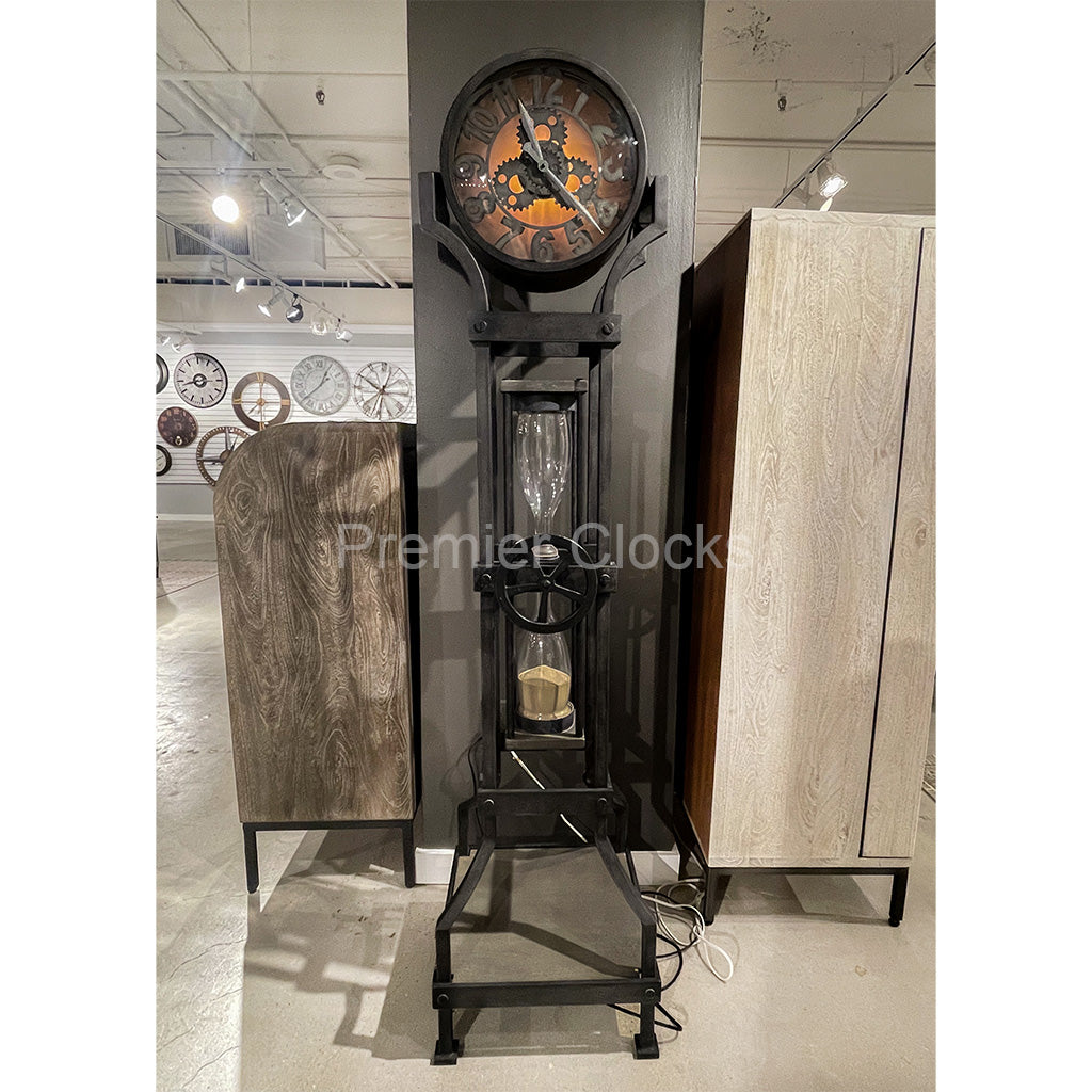 Howard Miller Hourglass III Floor Clock 615116 real photo of the front with illuminated dial - Premier Clocks