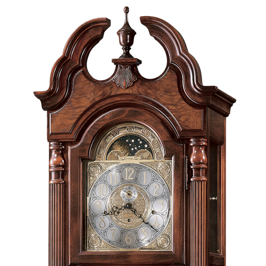 Howard Miller Langston Grandfather Clock 611017 swan neck split pediment, dial and moon phase - Premier Clocks
