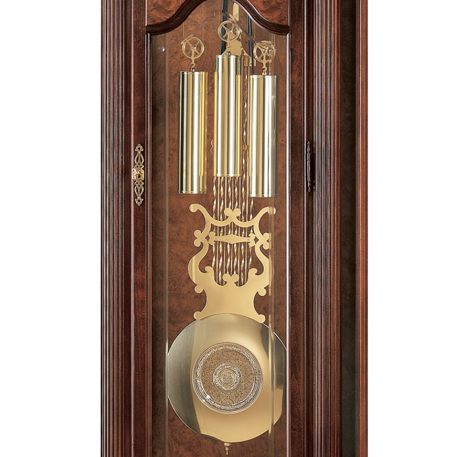 Howard Miller Langston Grandfather Clock 611017 cable-driven weights and pendulum with a decorated center disk - Premier Clocks