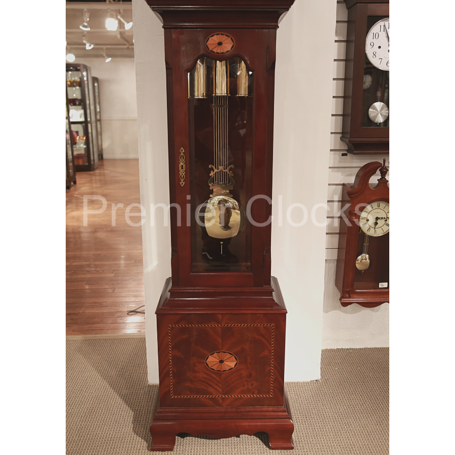 Howard Miller Taylor Grandfather Clock 610648 real photo of the cable-driven weights and pendulum - Premier Clocks