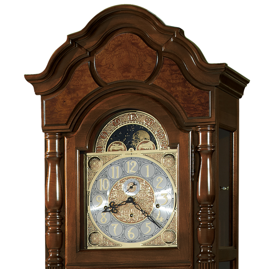Howard Miller Wilford Grandfather Clock 611226 arched bonnet, dial and functional moon phase - Premier Clocks